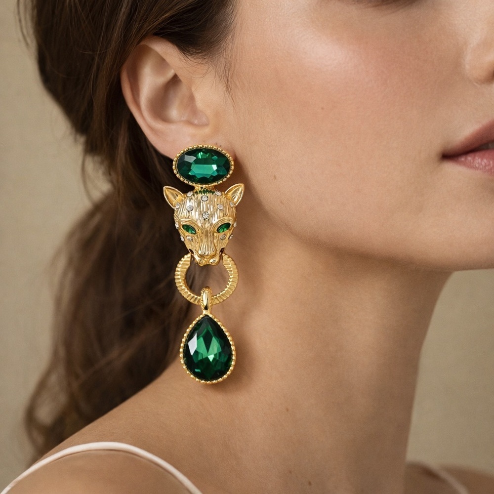 Emerald Panther Gold Luxury Earrings